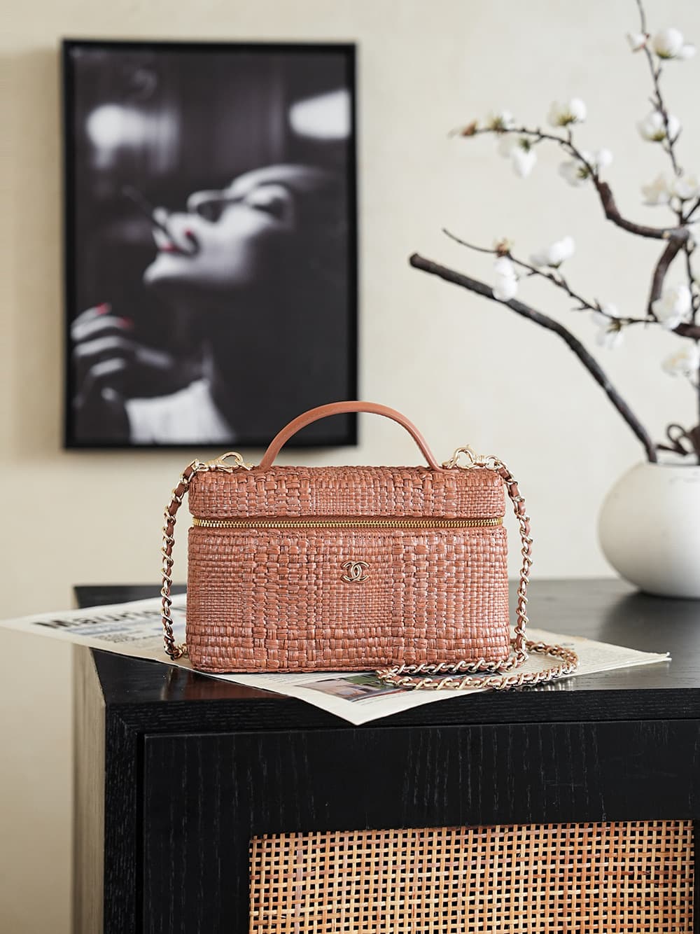 Chanel Classic Vanity with Chain Braided Raffia & Gold-Tone Metal Brown AP4385 A