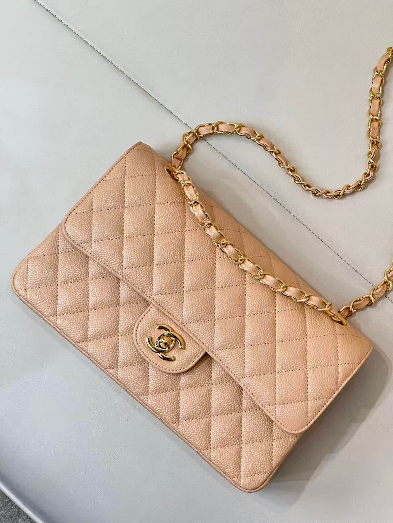 Chanel Medium CLASSIC HANDBAG Grained Calfskin & Gold-Tone Metal Beige TOP