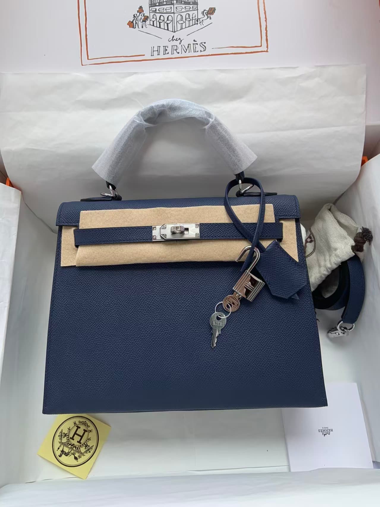 Hermes Kelly 25/28cm Sellier Bag Epsom Leather Silver/Gold Metal In Navy WAX High