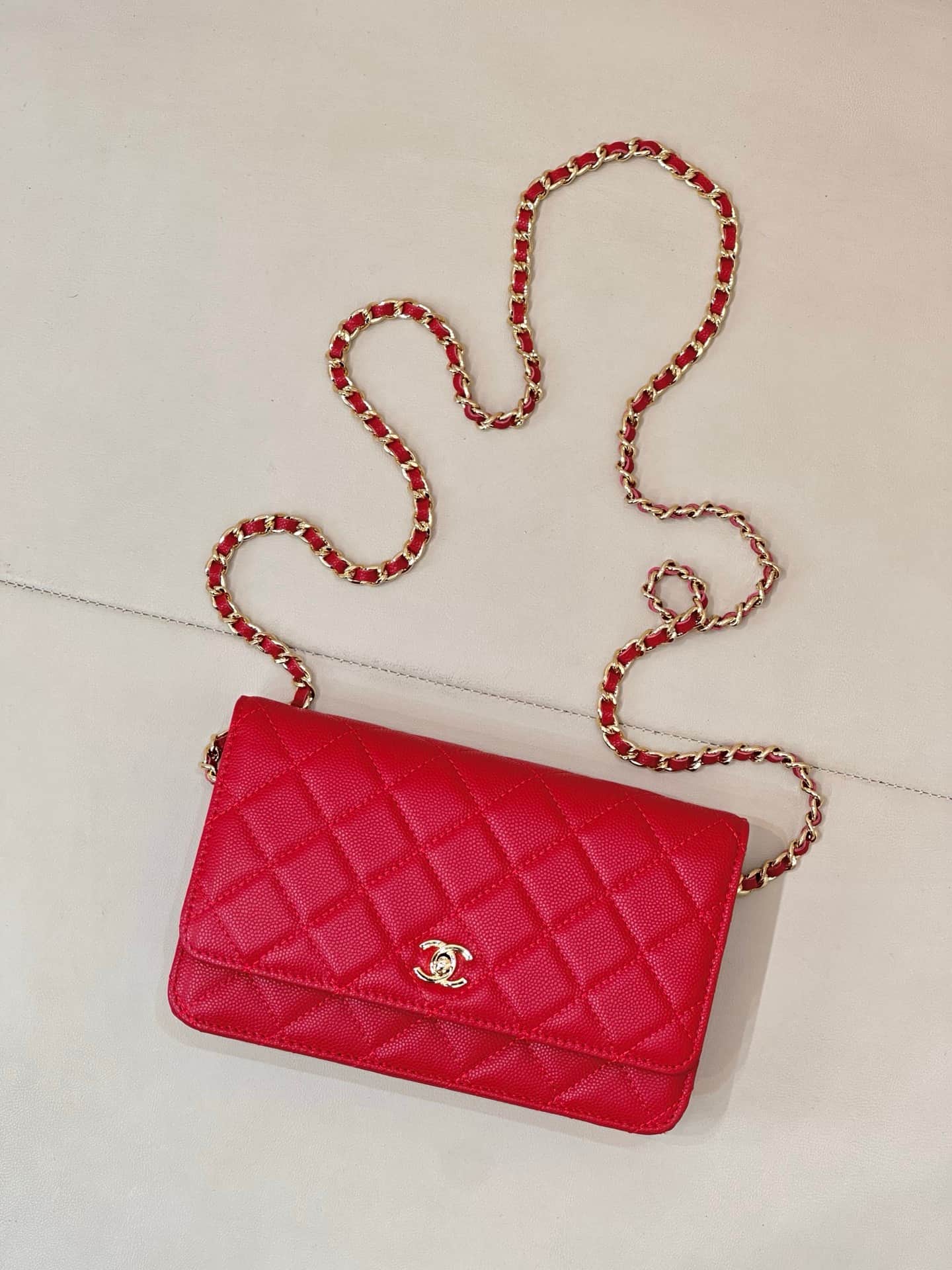 Chanel Classic Wallet on Chain Grained Shiny Calfskin& Gold-Tone Metal AP4241 Red TOP