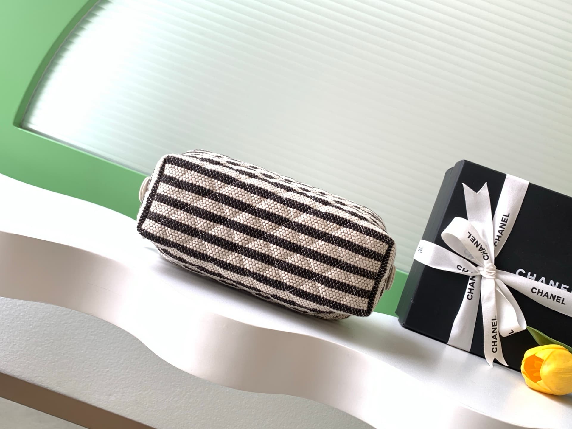 CHANEL Stripe Cosmetic Pouch Bag Printed fabric & Gold-Tone Metal Beige & Light Black AP4990 A