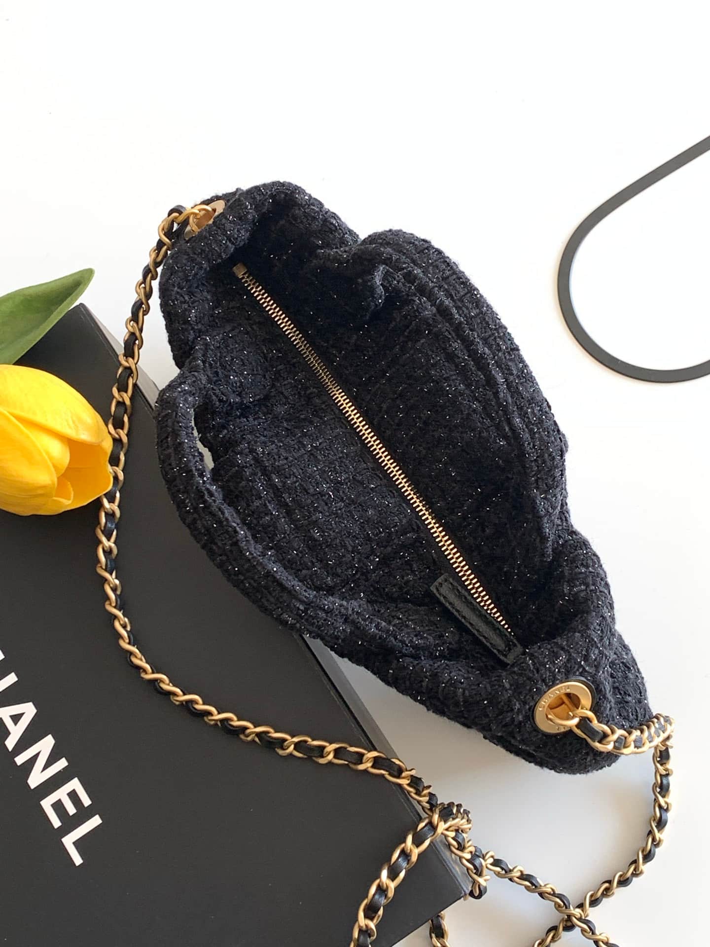Chanel Mini Bow Bag Tweed & Gold-Tone Metal Black AS5849 A