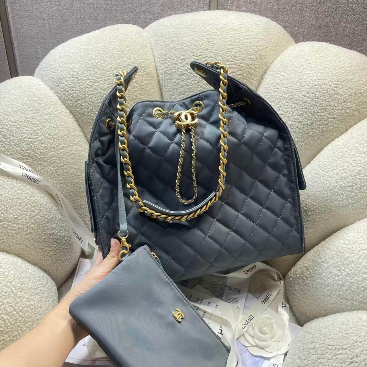 Chanel 25 Medium Hobo handbag AS5311 Canvas & Gold-Tone Metal Drak Blue  A