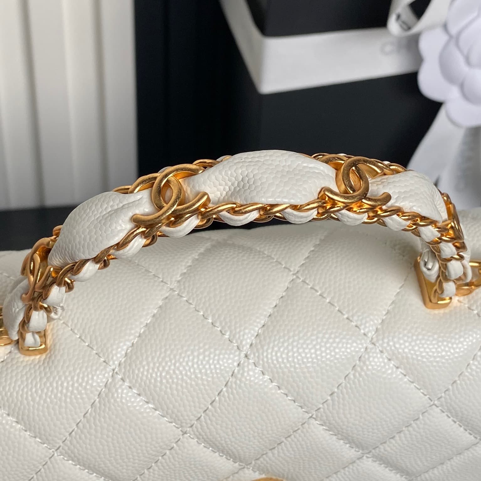 Chanel Mini Flap Bag with Top Handle Grained Shiny Calfskin & Gold-Tone Metal White AP4798 A