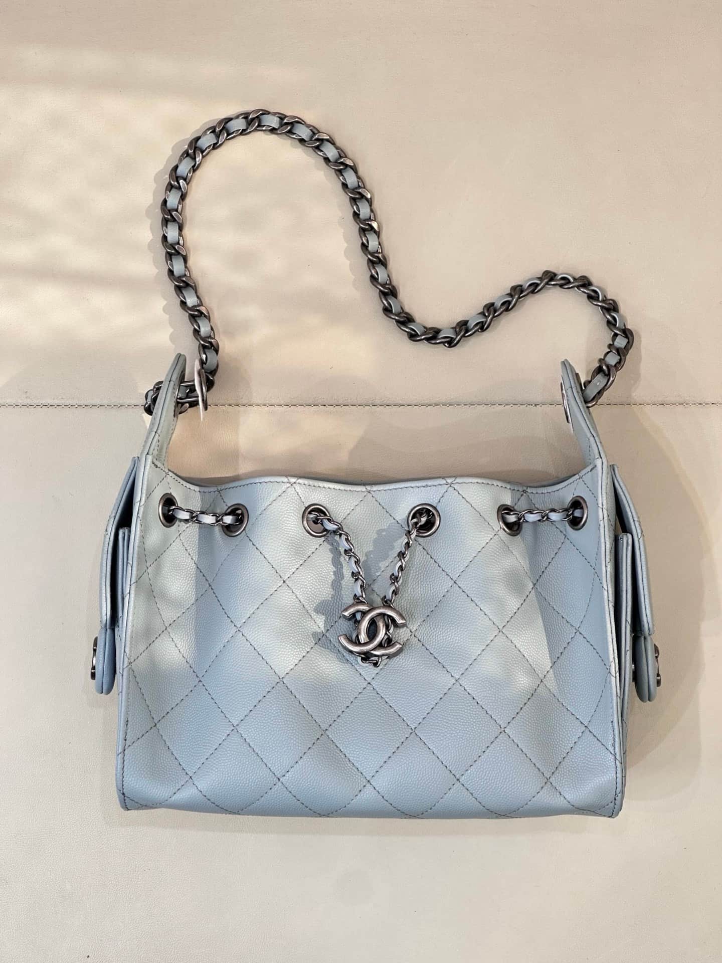 CHANEL 25 Mini Handbag AS5631 Grained Calfskin & Black & Silver-Tone Metal Light Blue TOP