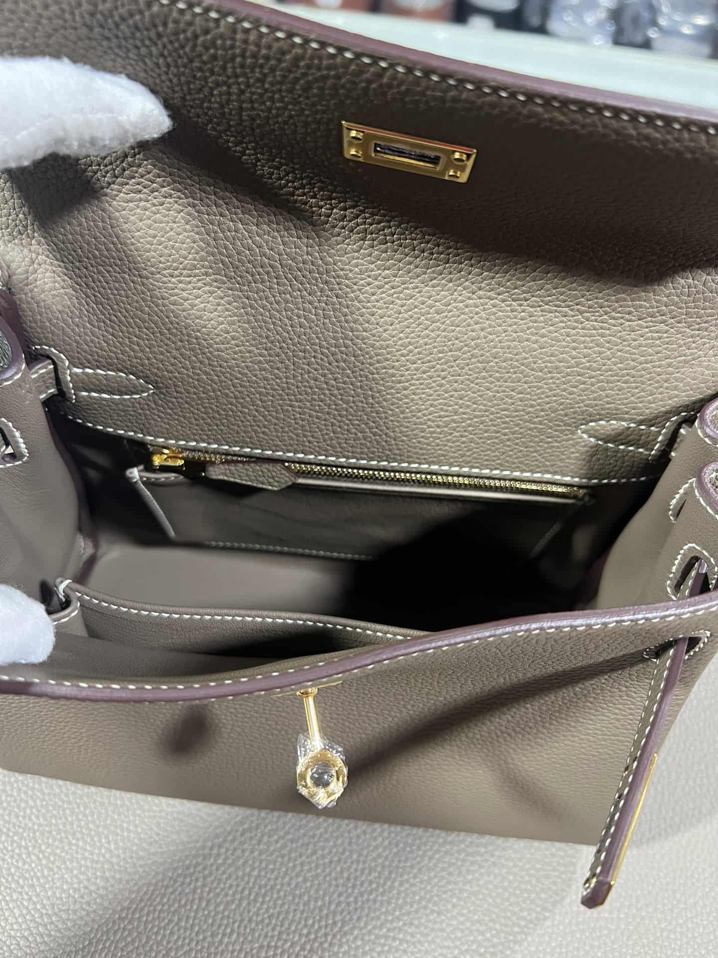 Hermes Kelly 25/28/32cm Retourne Bag Togo Leather In Etoupe WAX High