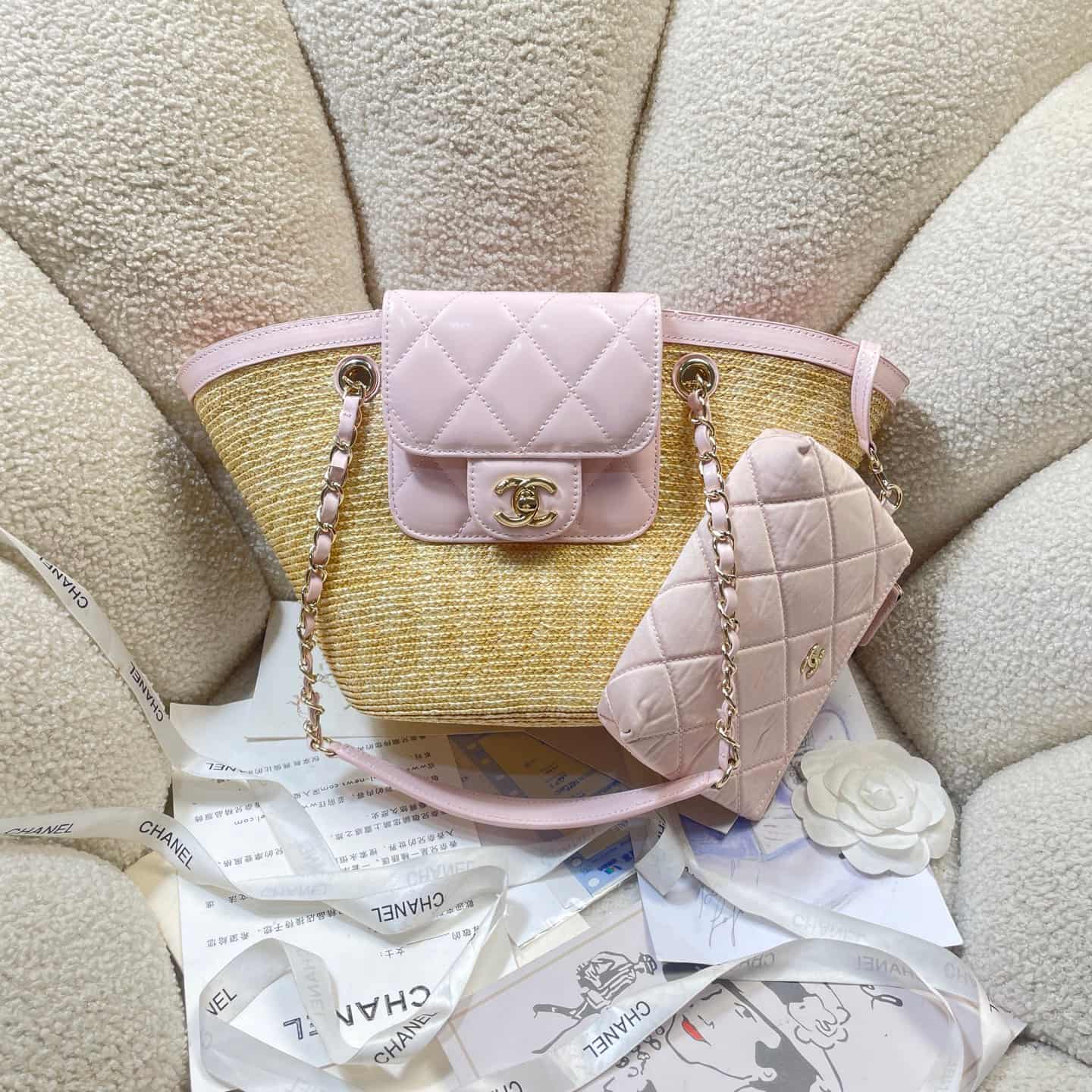Chanel Coco Beach Small Shopping Bag Braided Straw Lambskin & Gold-Tone Metal Beige & Pink AS5951 A