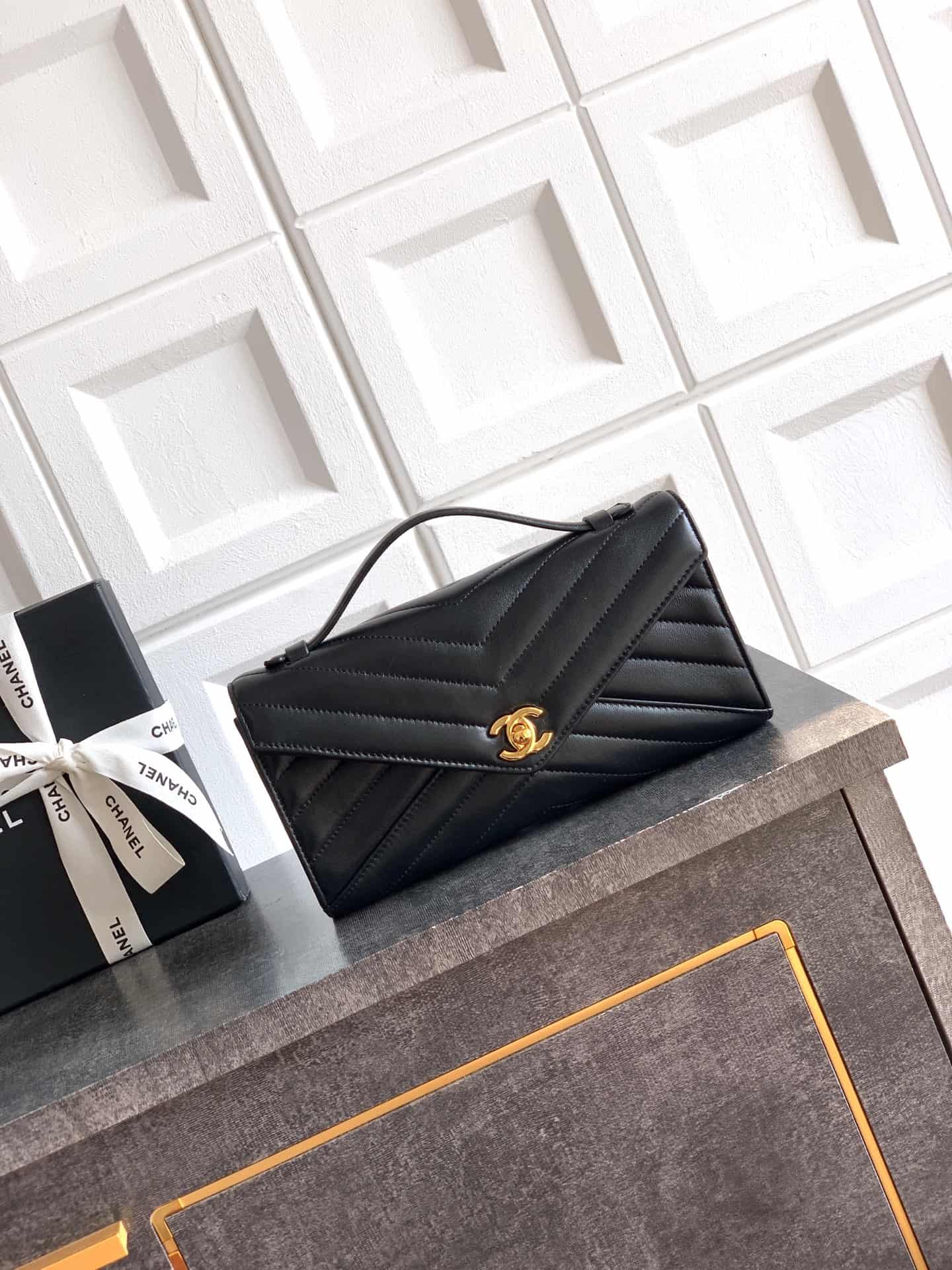 Chanel Flap Bag with Top Handle Chevron Lambskin& Gold-Tone Metal Black AS6044 A
