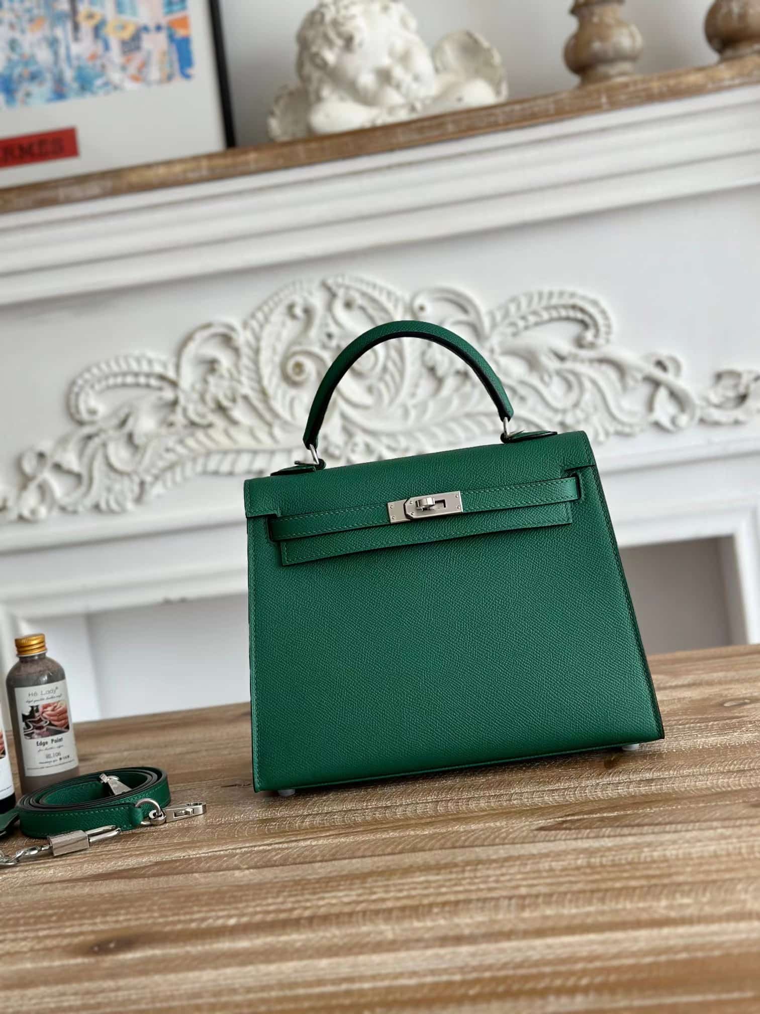 Hermes Kelly 25/28cm Sellier Bag Epsom Leather Silver/Gold Metal In Vert foncé WAX High