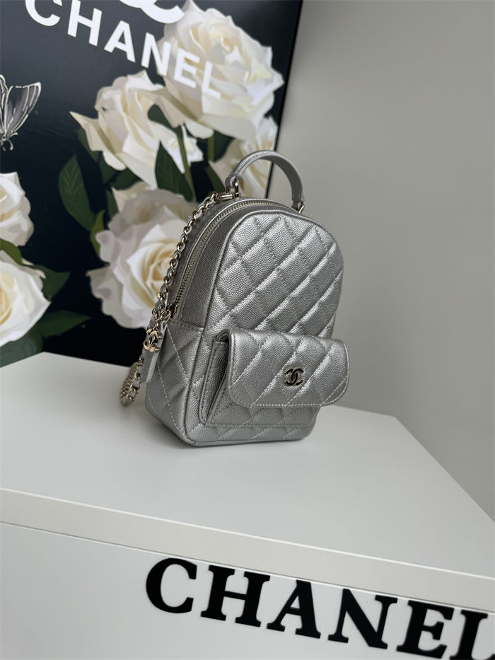 Chanel Mini Backpack Grained Calfskin Gold-Tone Metal AP3753 Silver A