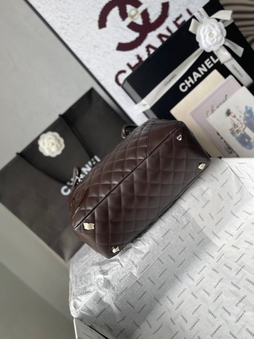 Chanel Cambon Ligne Bowler bag Calfskin & Silver-Tone Metal AS25171 Dark Brown High