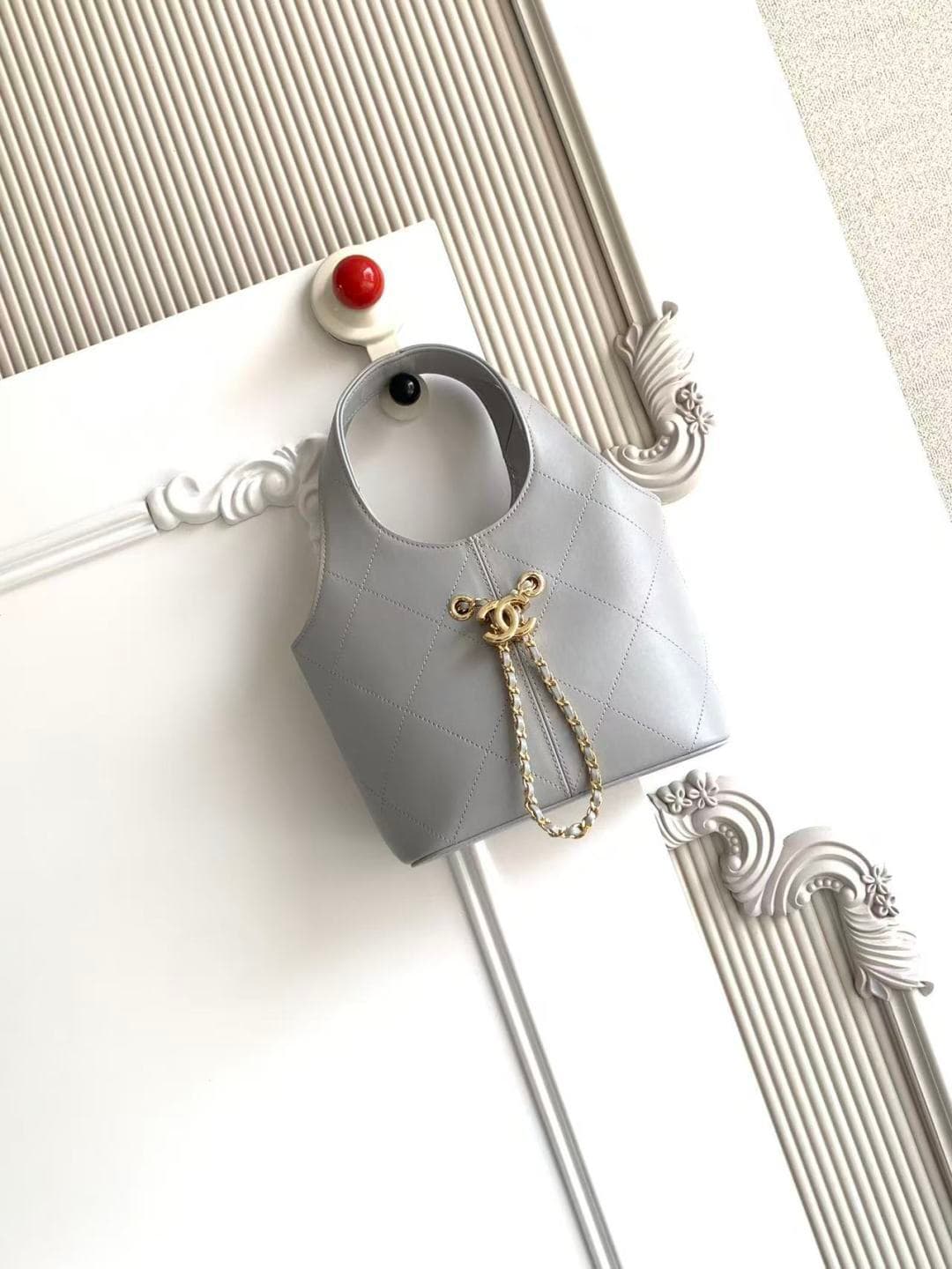 Chanel Small Shopping Bag Grey Leather & Gold-Tone Metal AS6132 A
