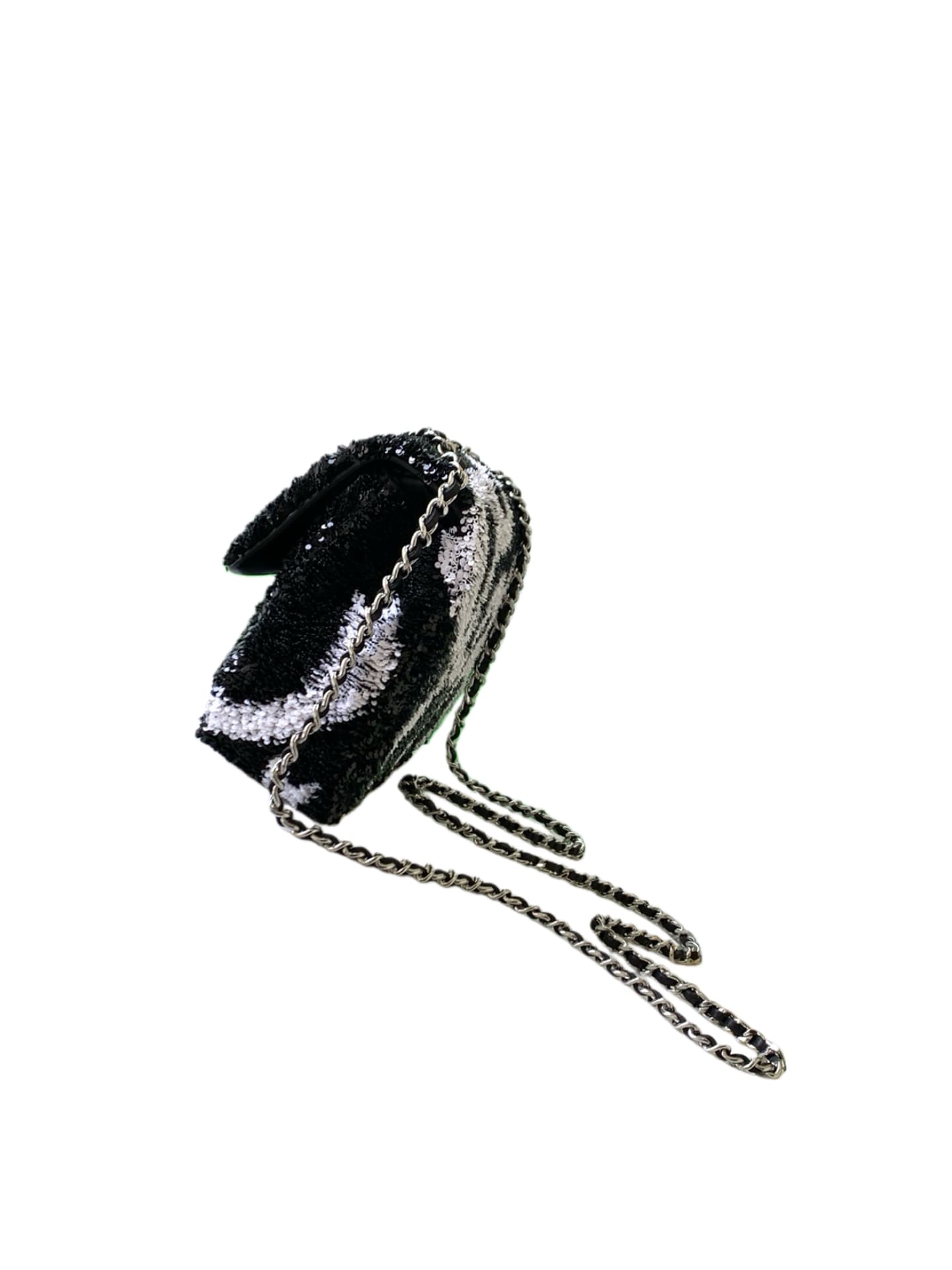Chanel Classic Mini Flap Bag Sequins Embroidery & Gold-Tone Metal Black White 6171 A