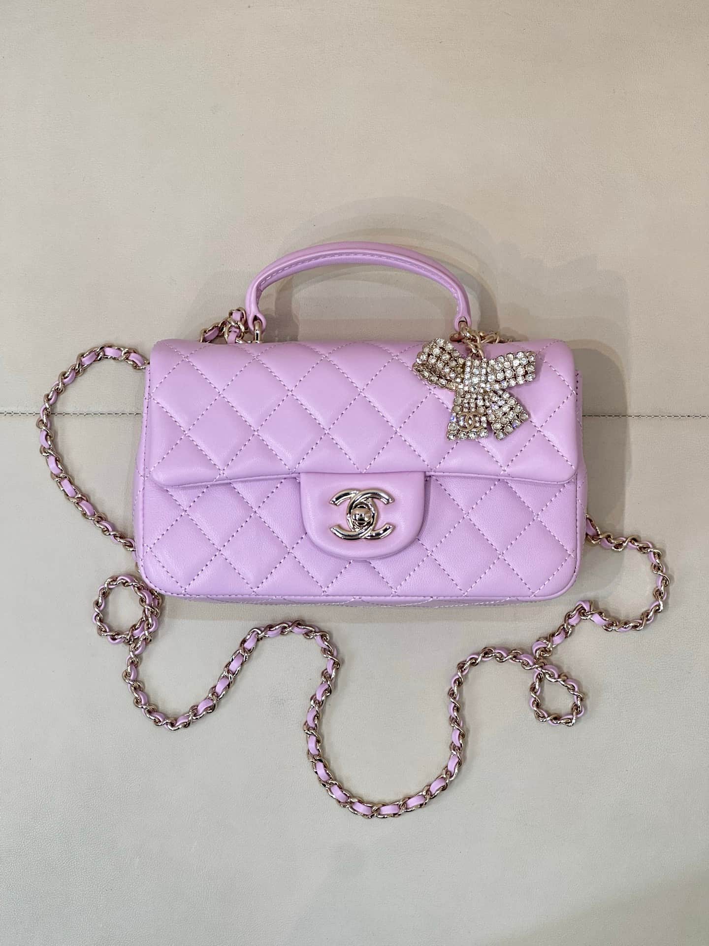 Chanel Mini Classic Handbag Lambskin Strass & Gold-Tone Metal AS2431 light purple TOP