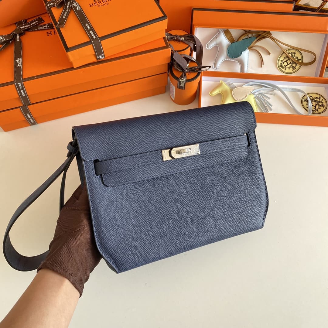 Hermes Kelly Depeches 25 Pouch Epsom Leather Bleu Saphir WAX High