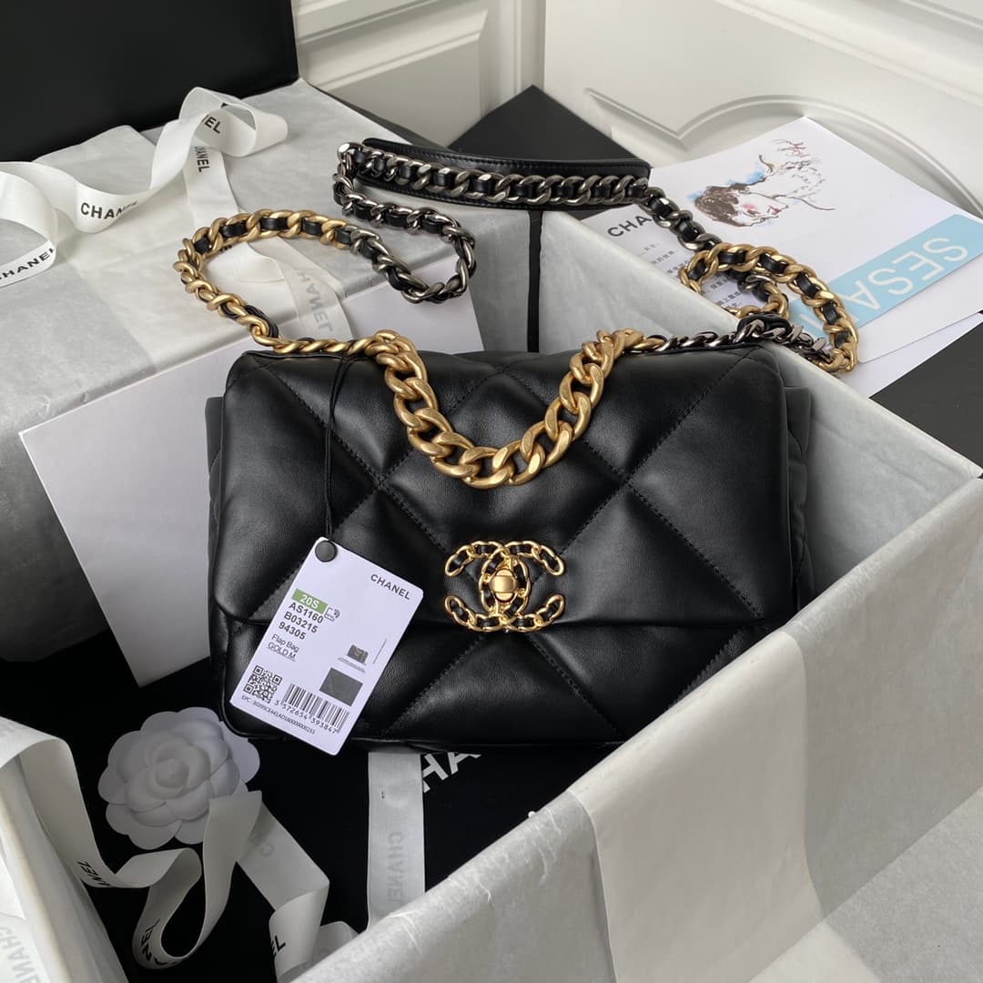 Chanel 19 Flap Bag  Lambskin Gold-Tone Silver-Tone & Ruthenium-Finish Metal Black