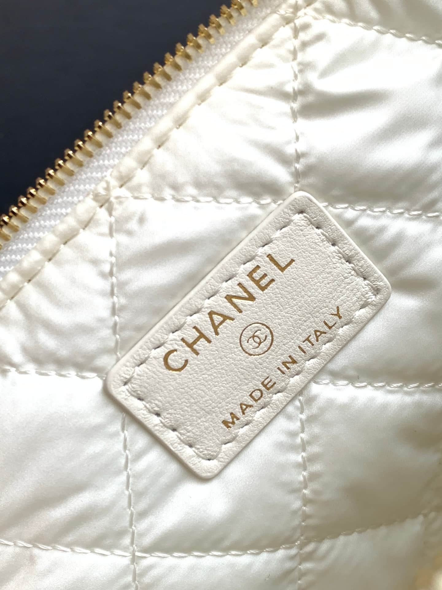 CHANEL Stripe Cosmetic Pouch Bag Printed fabric & Gold-Tone Metal Beige & Light Black AP4990 A