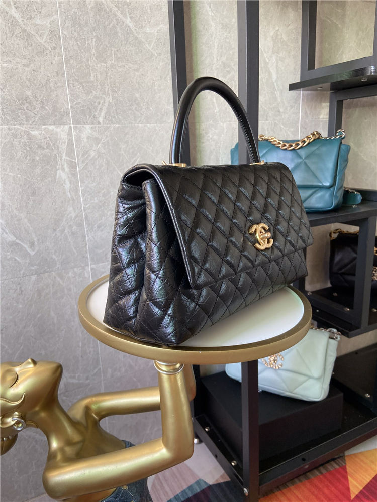 Medium FLAP BAG WITH TOP HANDLE Shiny Calfskin Black Gold Metal High