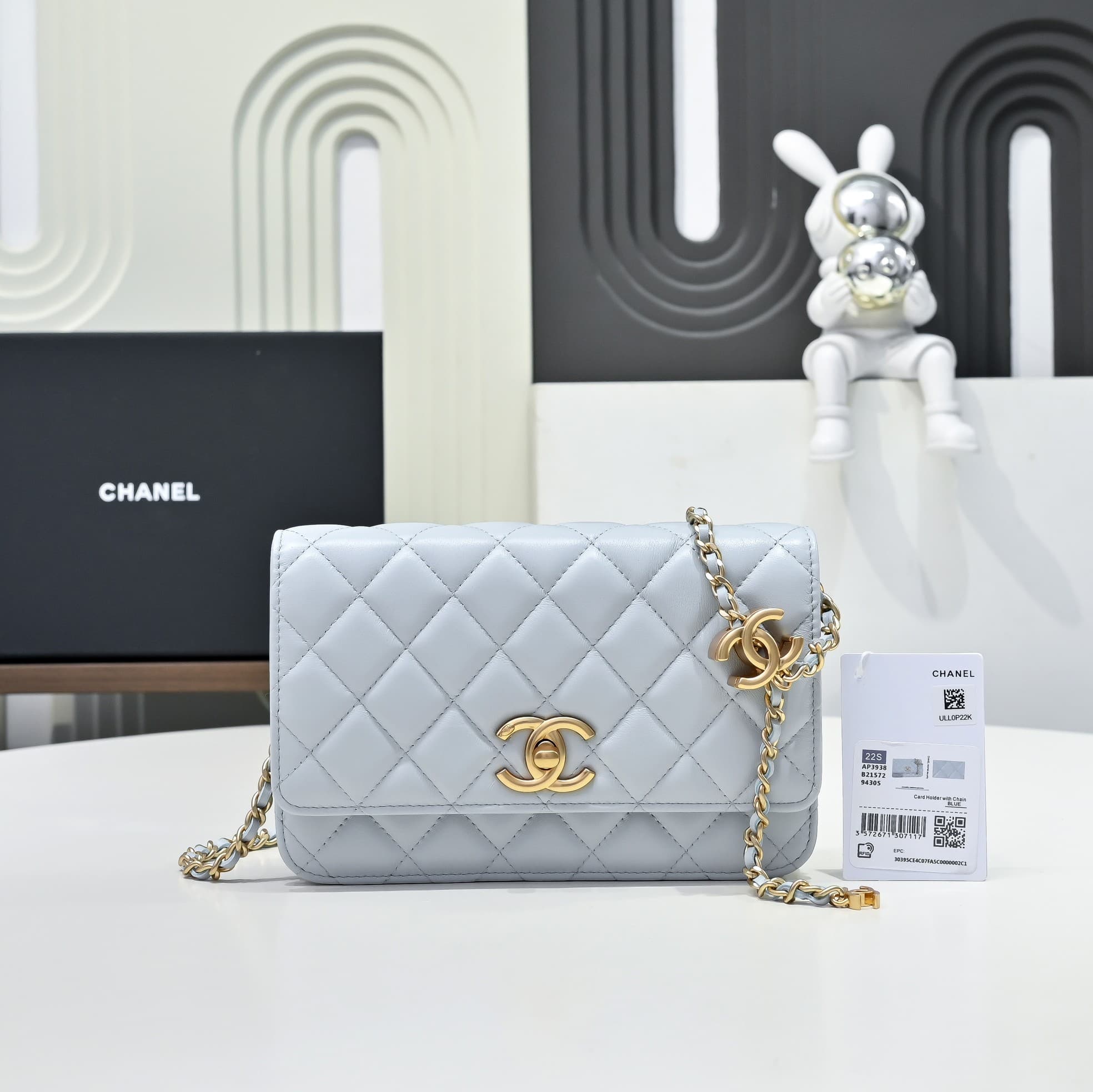 Chanel Wallet on Chain Quilted Leather  & Gold-Tone Metal Light Blue AP3938 High