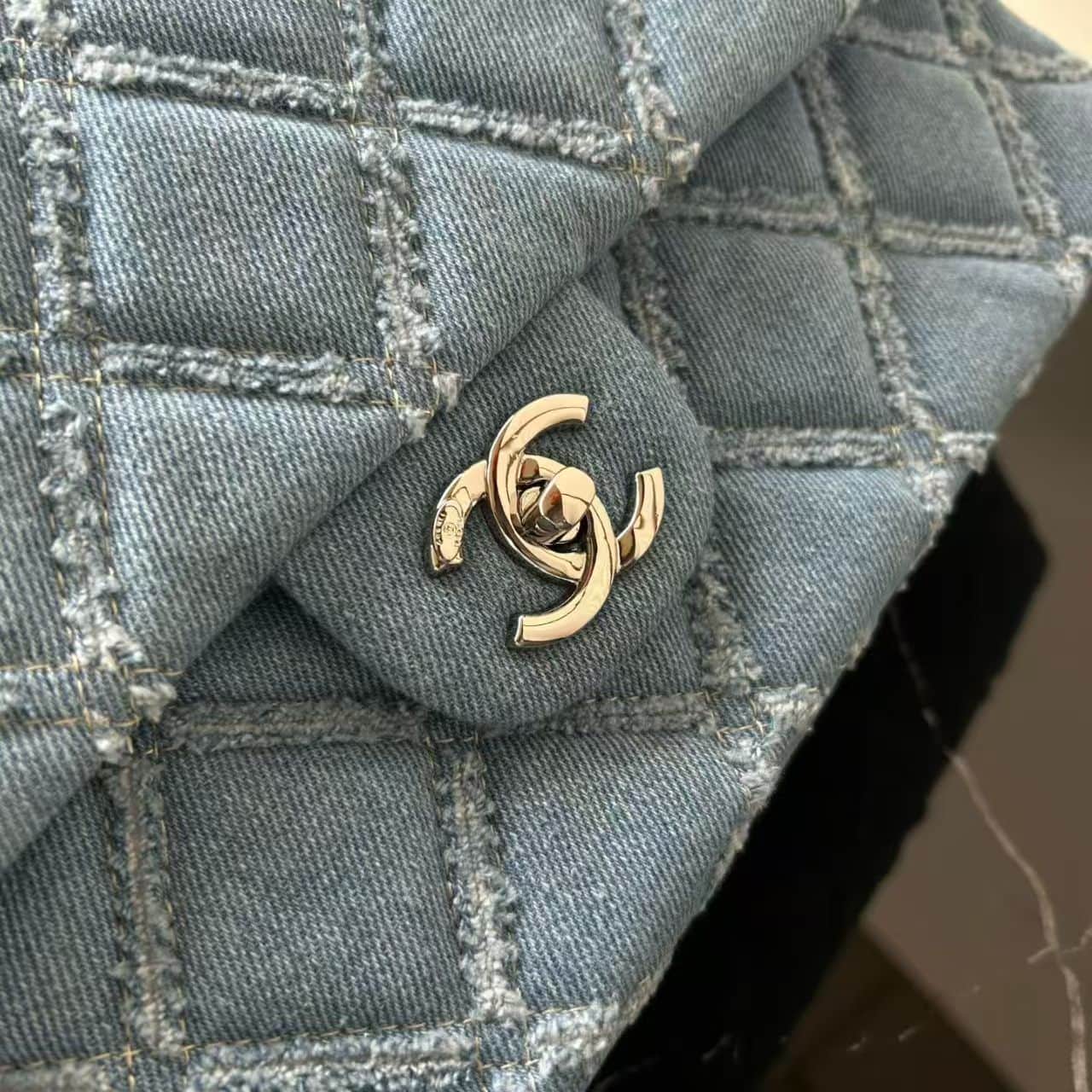 Chanel Medium Flap Bag Distressed Quilted Denim & Silver-Tone Metal Blue A