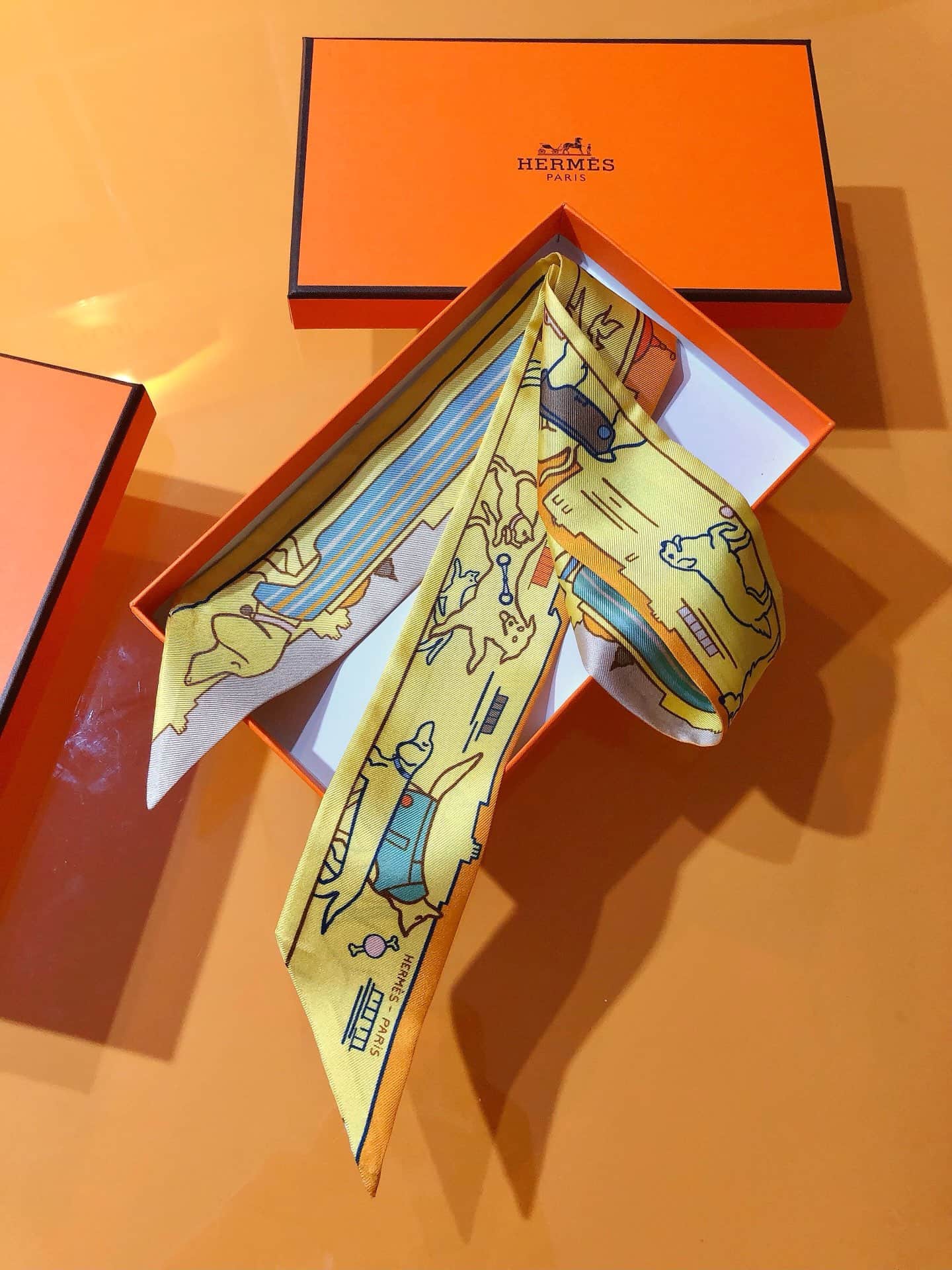 Hermès Silk Les Chiens Parisiens Twilly Scarf