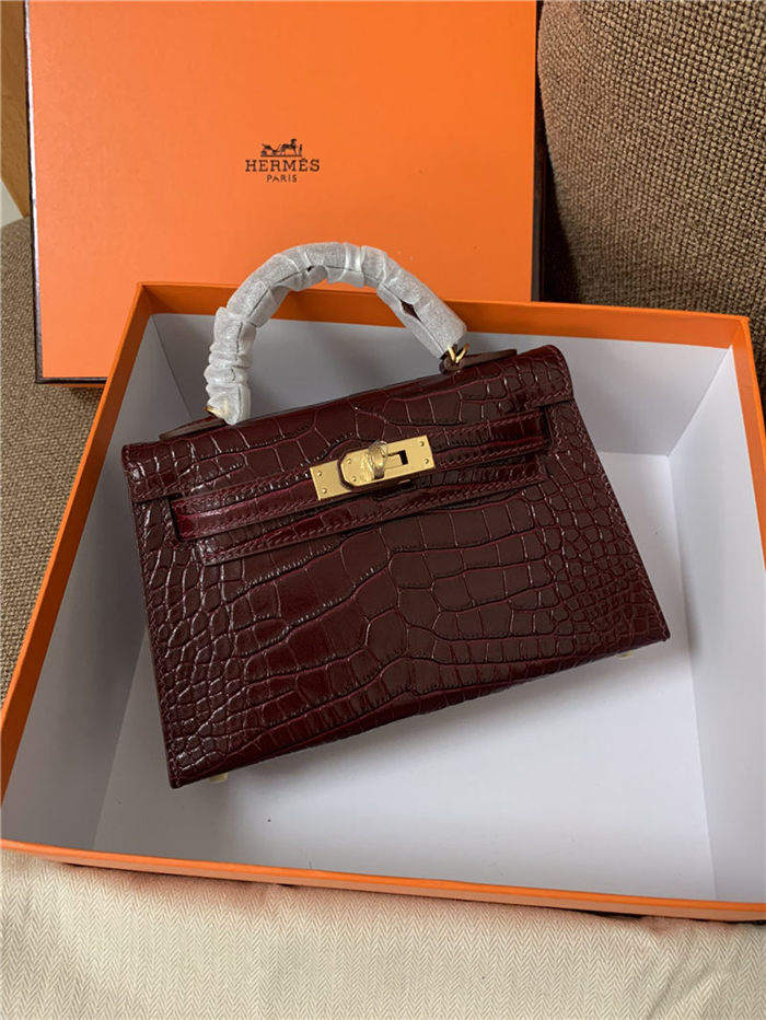 Hermes Kelly Mini II Bag Embossed Crocodile Leather WAX Silver/Gold Metal High Customizing style