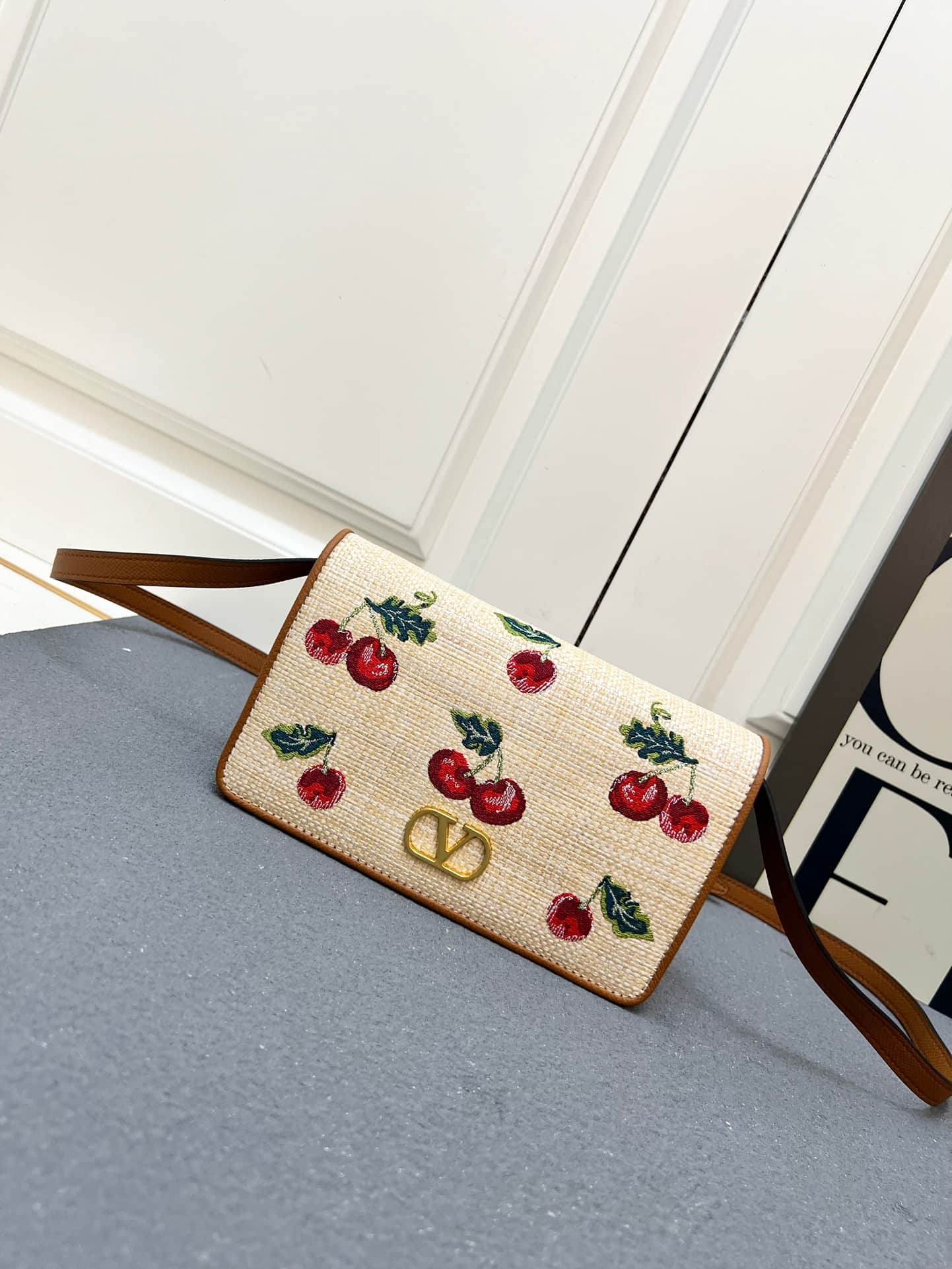 Valentino VLogo Signature Mini Shoulder Bag In Jacquard Raffia With Cherryfic Pattern Mid