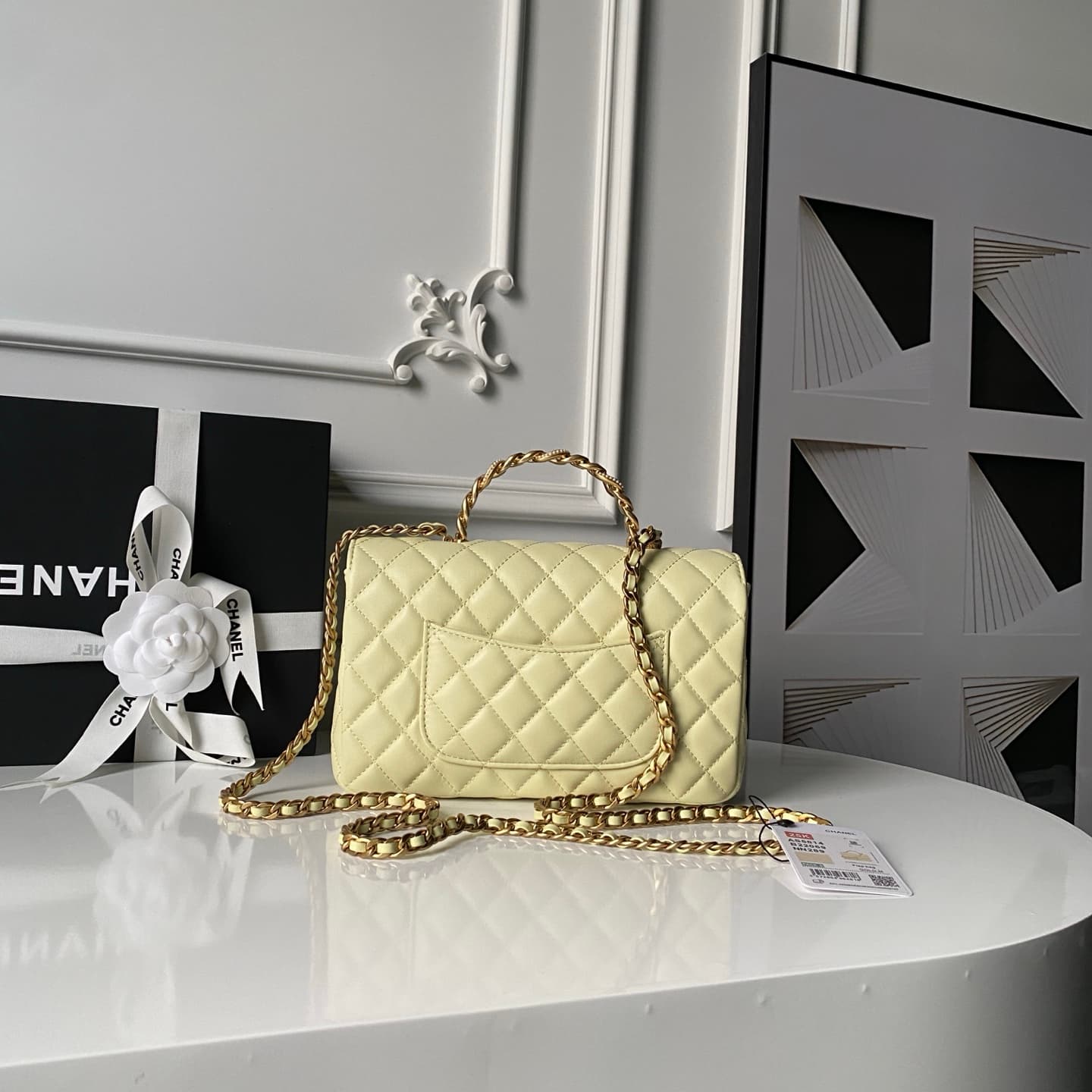 Chanel Small Flap Bag with Top Handle Lambskin& Gold-tone Metal Light Yellow AS5814 A