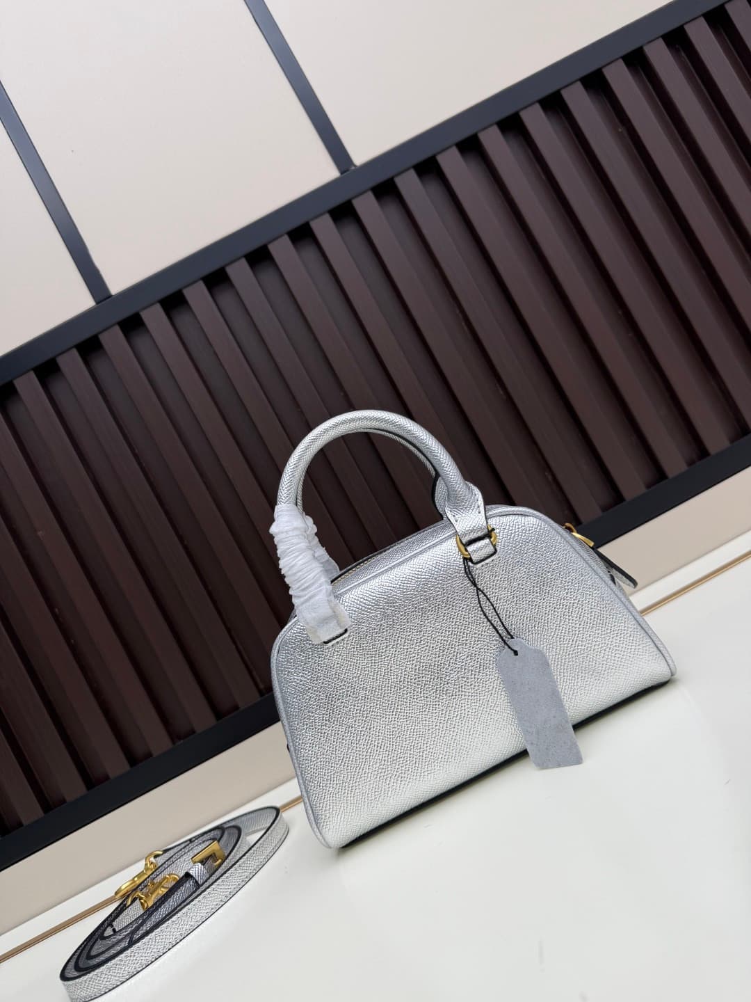 Valentino VLogo Signature Mini Bowling Bag in Grainy Calfskin Silver High