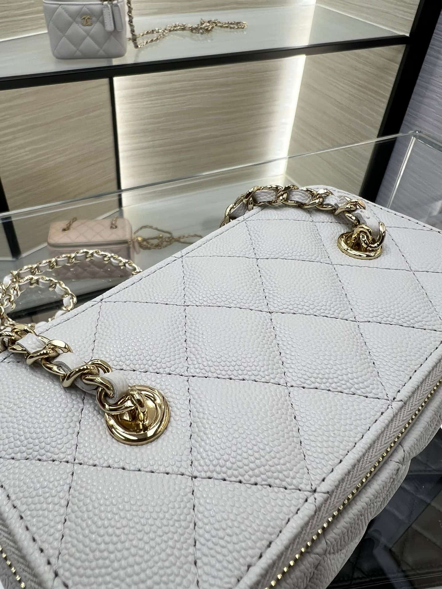 Chanel Classic Long Vanity with Chain Grained Calfskin & Gold-Tone Metal White AP1341 High