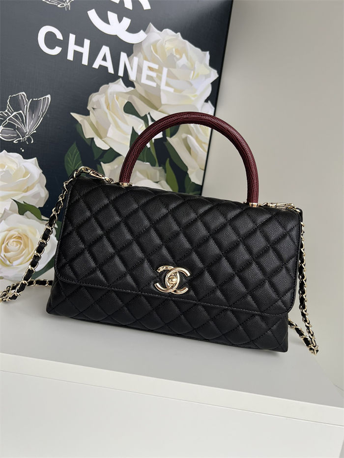 Medium FLAP BAG WITH TOP HANDLE Grained Calfskin Black-binding Gold Metal High