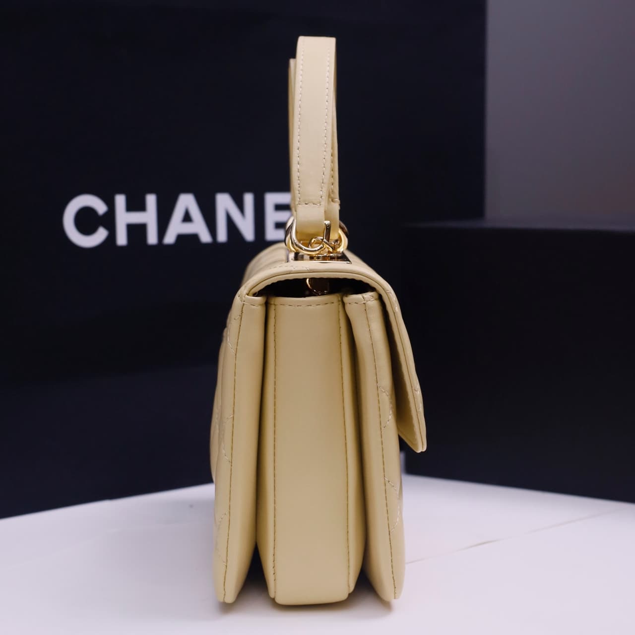 Chanel MINI FLAP BAG WITH TOP HANDLE AS4654 Lambskin &Gold-Tone Metal Light Yellow A