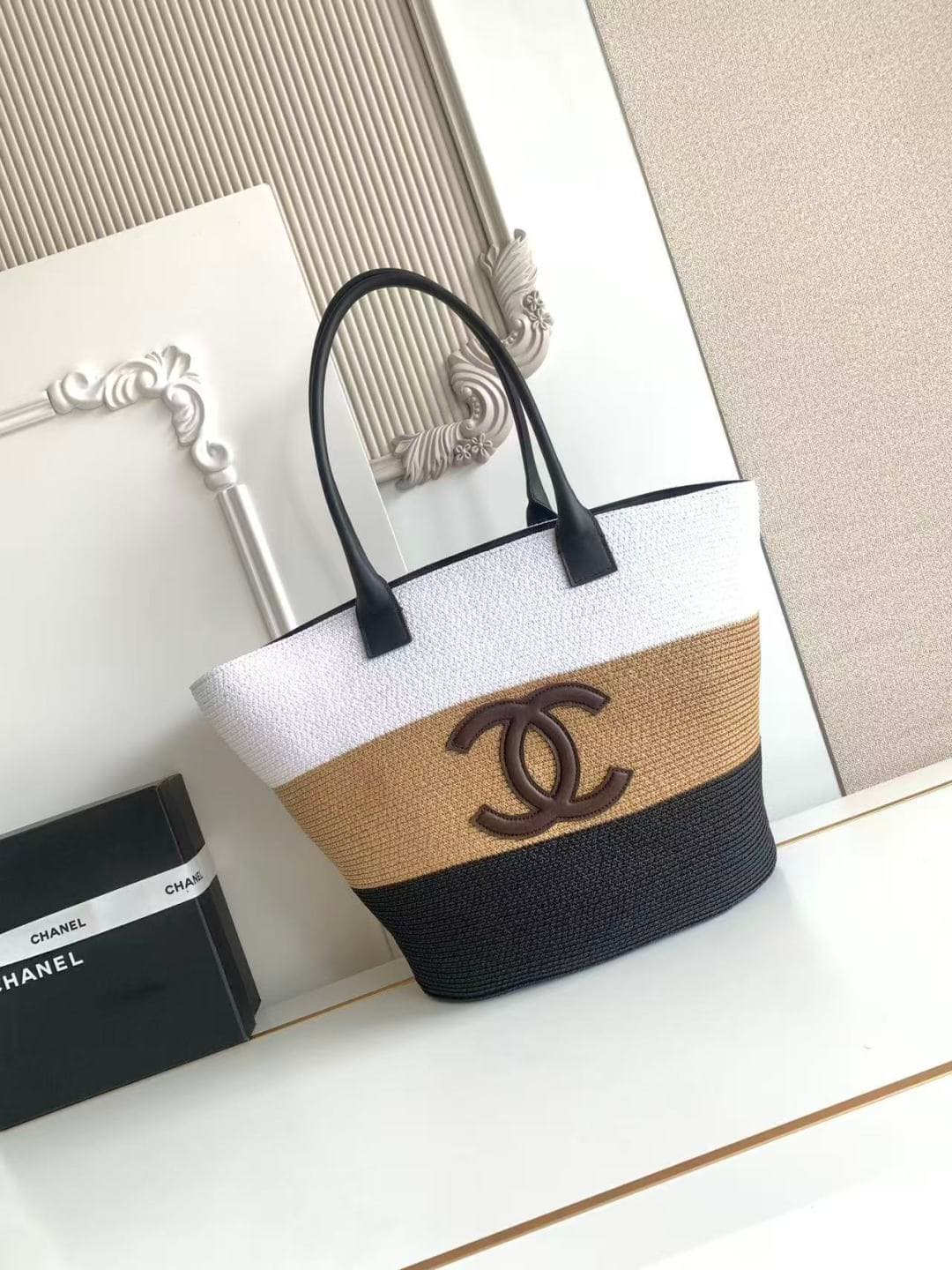 Chanel Coco Beach Shopping Bag Raffia & Calfskin White, Dark Beige & Black A