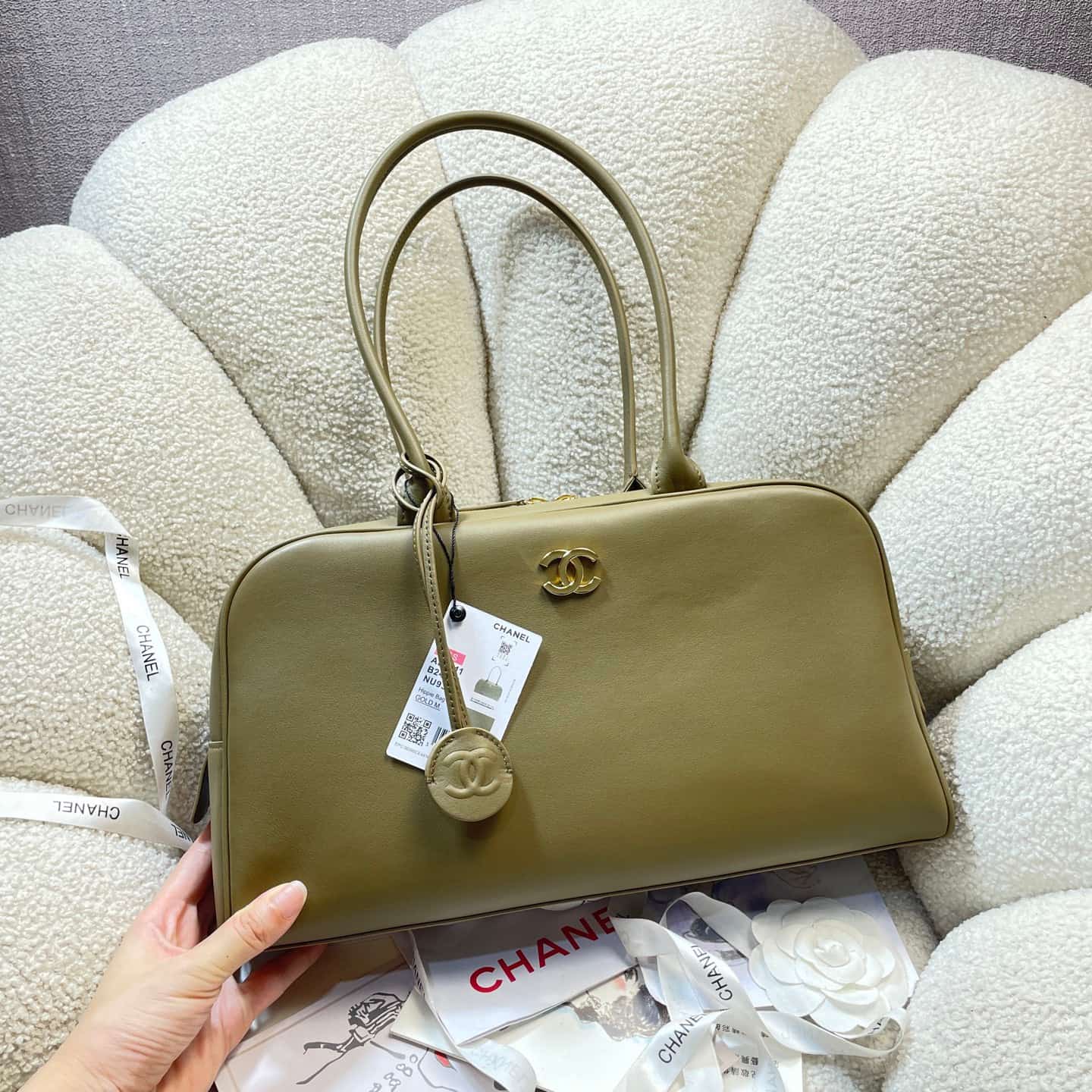 Chanel Maxi Bowling Bag Calfskin & Gold-Tone Metal Khaki AS6211 A