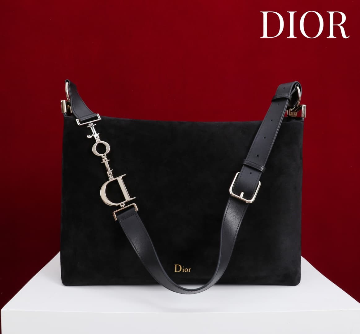 Large Diorly Bag Black Suede Calfskin Gold lettering High