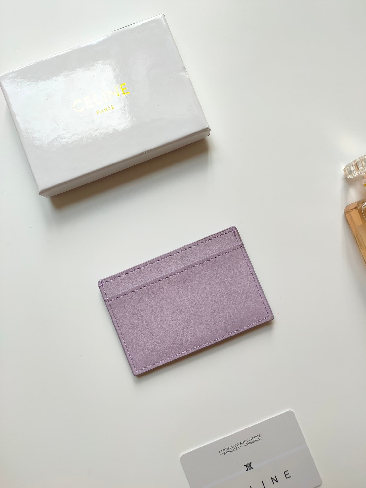 Celine Triomphe card holder in purple shiny calfskin leather 10B703 High