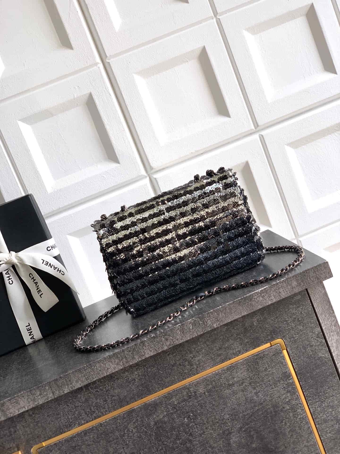 Chanel Classic Mini Flap Bag Sequin Embroidery & Silver-Tone Metal Black 6171 A