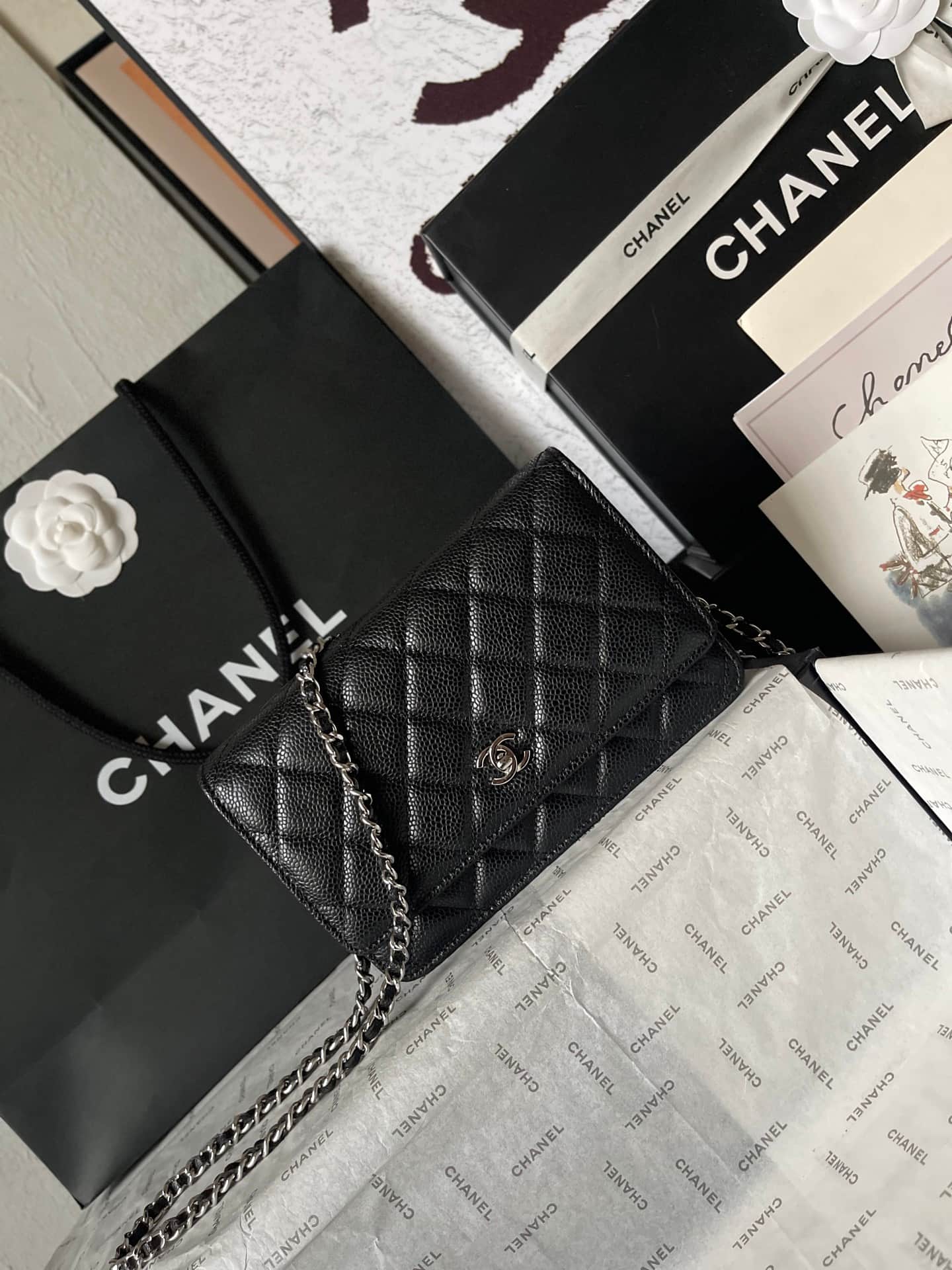 Chanel Classic Wallet on Chain Grained Shiny Calfskin & Silver-Tone Metal AP4241 Black A