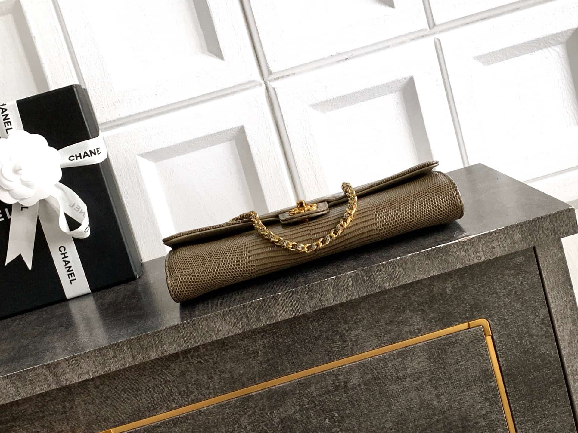 Chanel Clutch with chain Lizard Embossed Calfskin & Gold-Tone Metal Dark Khaki AP5280 A