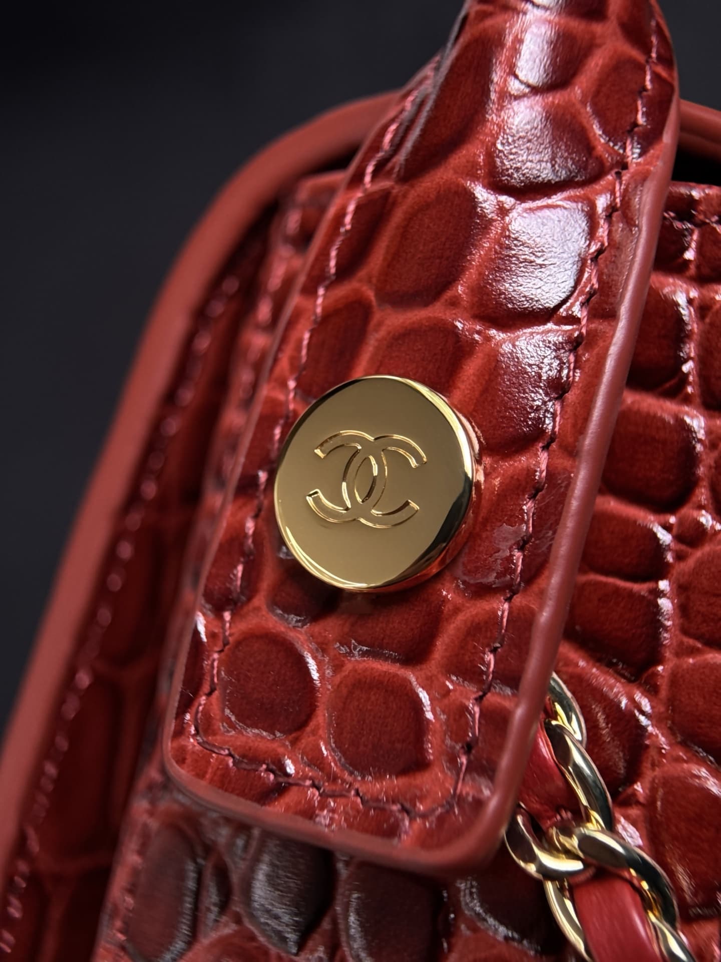 Chanel Mini Flap Bag with Top Handle Crocodile Embossed Calfskin & Gold-Tone Metal Red AS6424 A