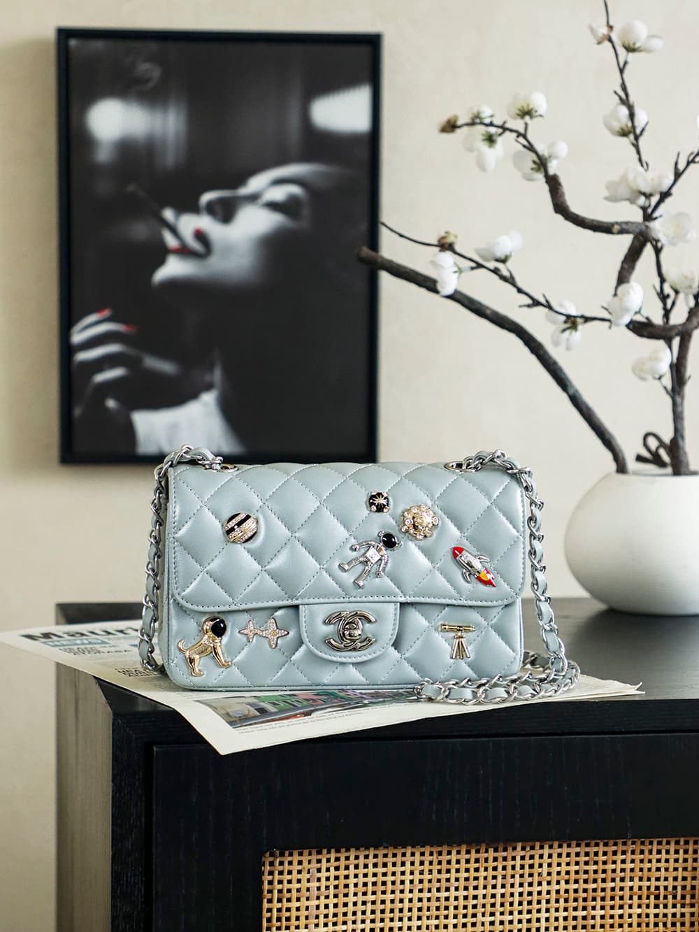 Chanel Classic Handbag Lambskin Enamel Rhinestones Silver-Colored Metal A