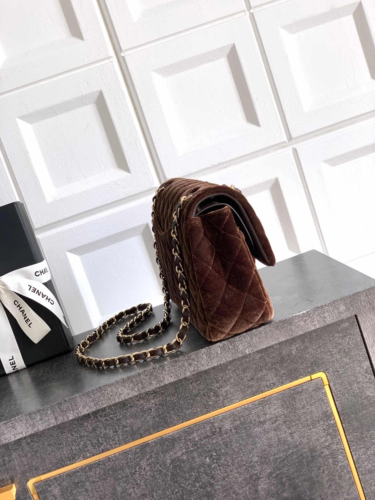 Chanel Medium CLASSIC HANDBAG Velvet  & Gold-Tone Metal Coffee A