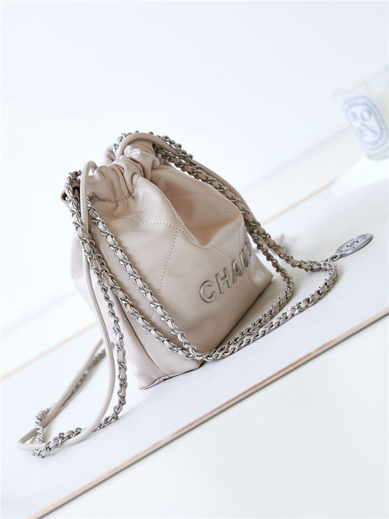 Chanel 22 MINI HANDBAG Shiny Calfskin Nude & Silver-Tone Metal AS3980 A