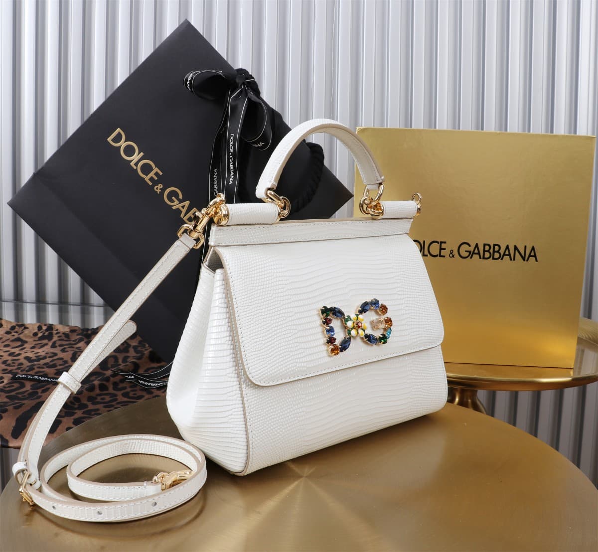 Sicily Handbag 20cm in Iguana Print Calfskin and Crystal DG Logo Patch High