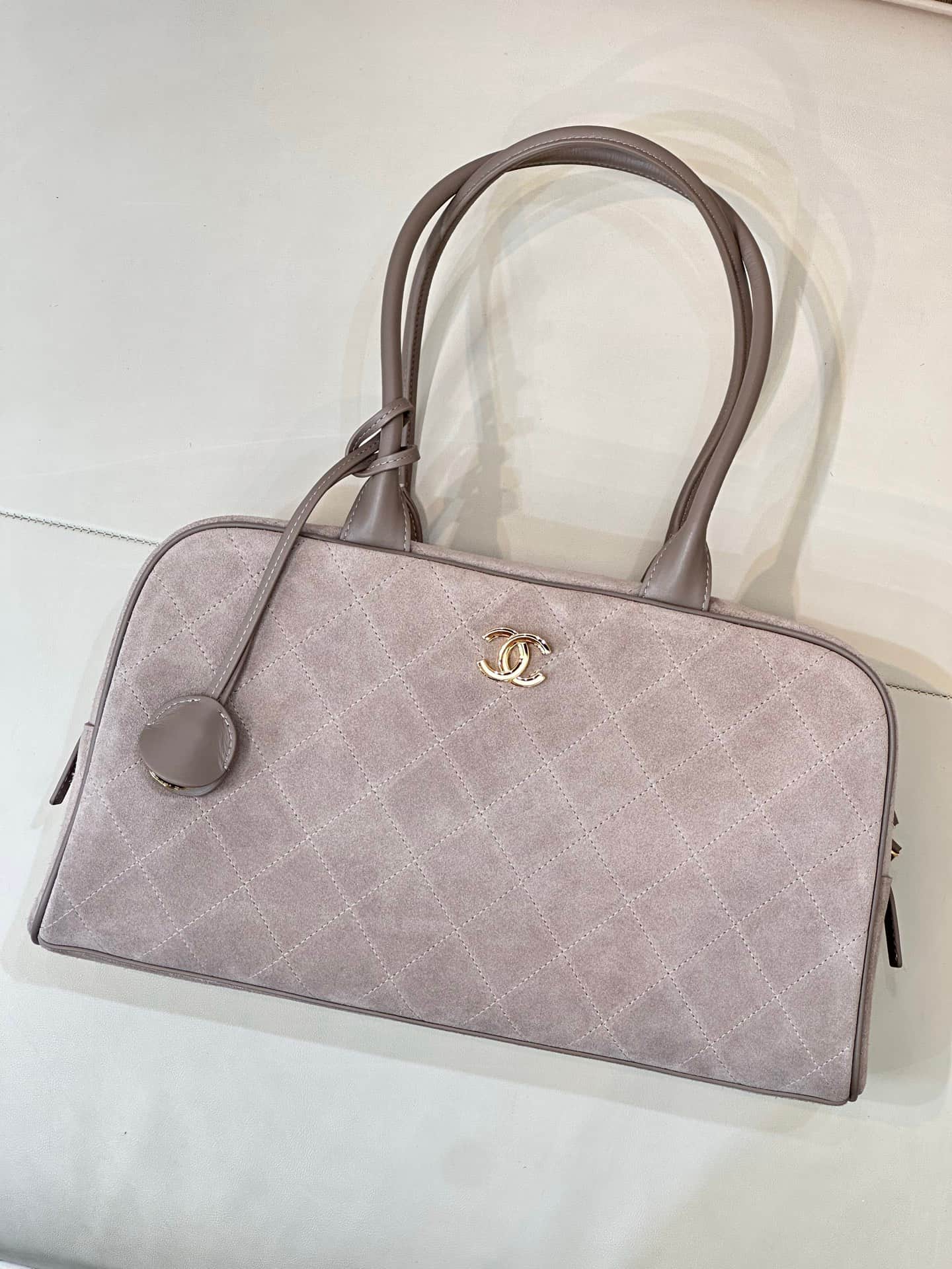 Chanel Bowling Bag Suede Calfskin Calfskin & Gold-Tone Metal Grey TOP