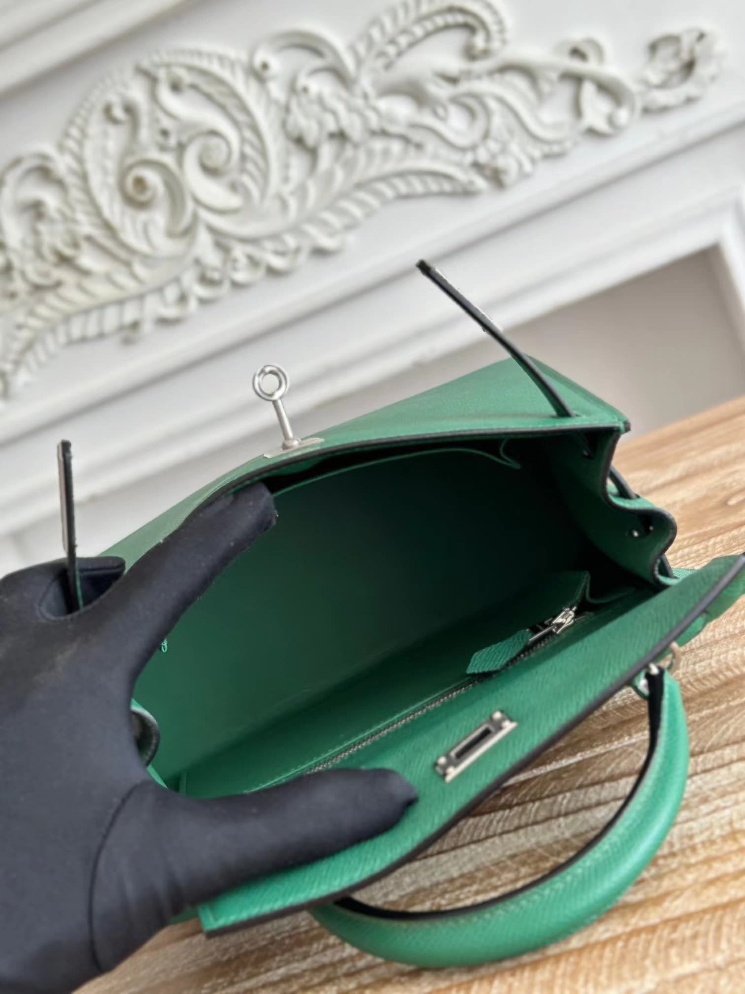 Hermes Kelly 25/28cm Sellier Bag Epsom Leather Silver/Gold Metal In Vert foncé WAX High
