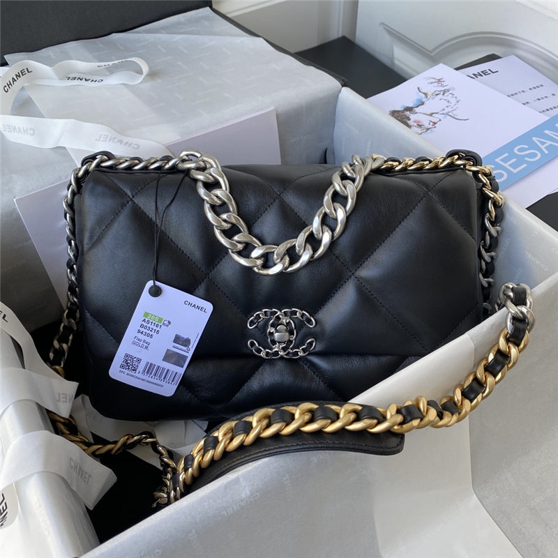 Large Chanel 19 Flap Bag Lambskin Black Silver High
