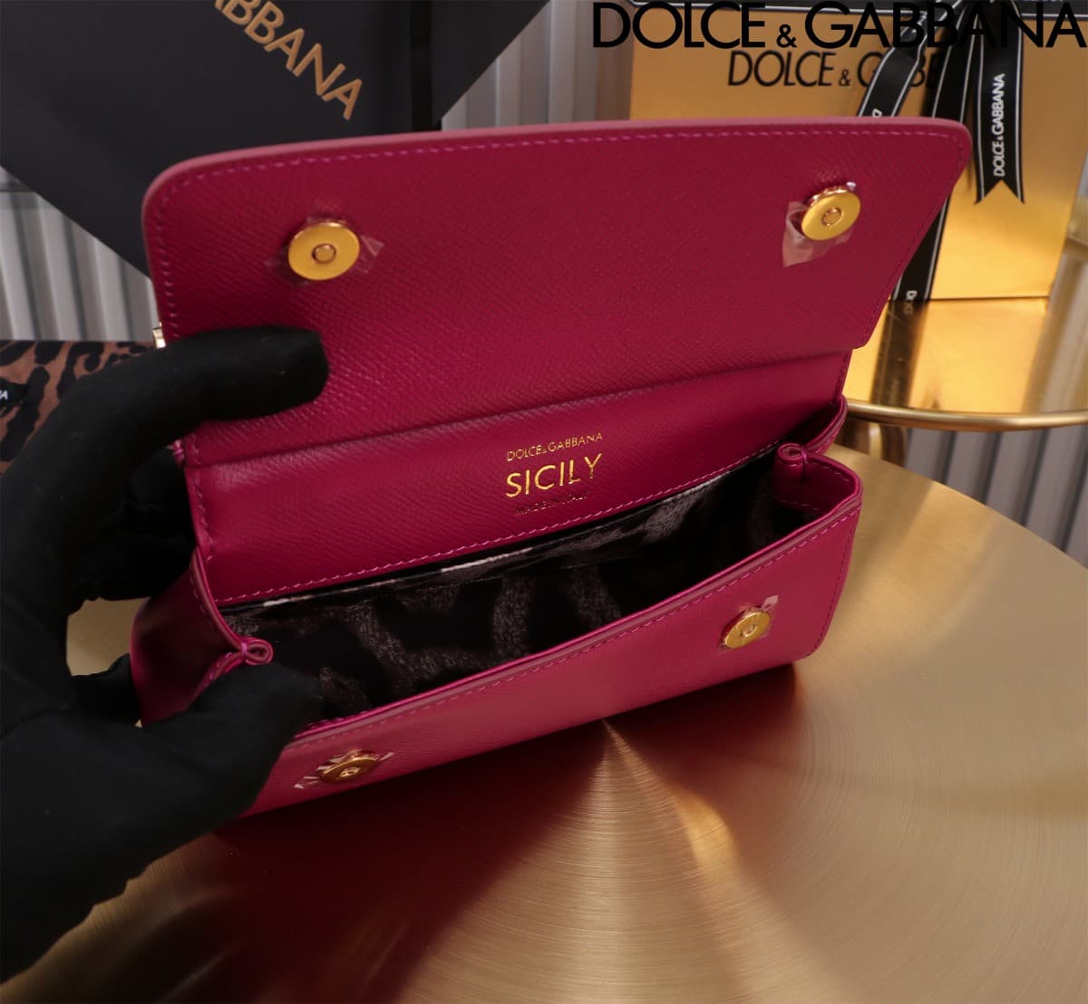 Dolce & Gabbana Miss Sicily top handle bag calfskin leather Plum Red High