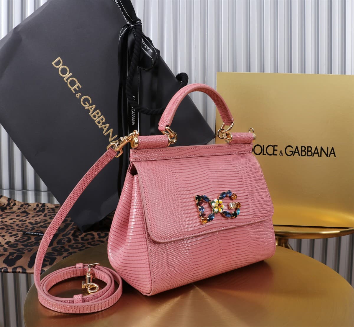 Sicily Handbag 20cm in Iguana Print Calfskin and Crystal DG Logo Patch High
