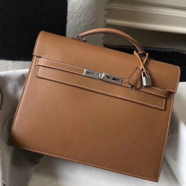 Hermes Kelly Depeche 34 Briefcase In Brown Calfskin WAX High